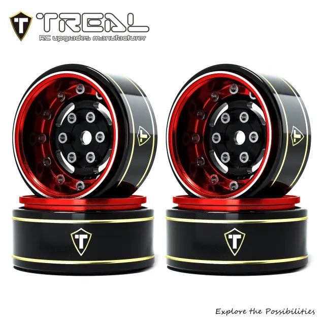 TREAL 1.0 Beadlock Wheels Deep Dish Rims (4P) for SCX24 AX24 FCX24 TRX4M 1/24 1/18 Crawler Car-Type F - BLACK & RED - HeliDirect